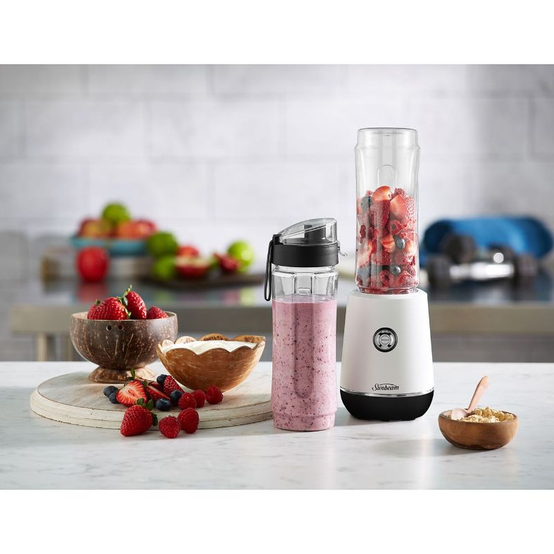 Sunbeam Insta Go Blender in white with 350W motor, includes two 600ml Tritan sport bottles for on-the-go nutrition.