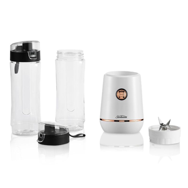 Sunbeam Insta Go Blender in white with 350W motor, includes two 600ml BPA-free bottles for smoothies on the go.