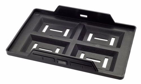 Durable plastic battery tray from Projecta, accommodating sizes up to N50Z, designed to prevent rust for secure storage.