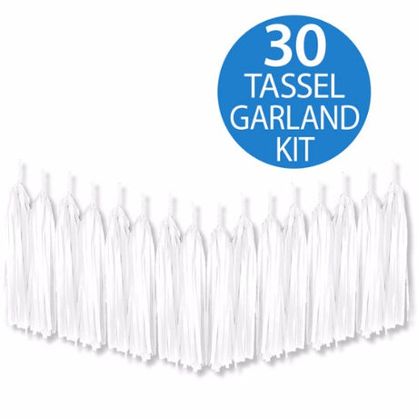 Elegant white tassel garland made from tissue paper, 2m long with 30 tassels, perfect for parties and celebrations.