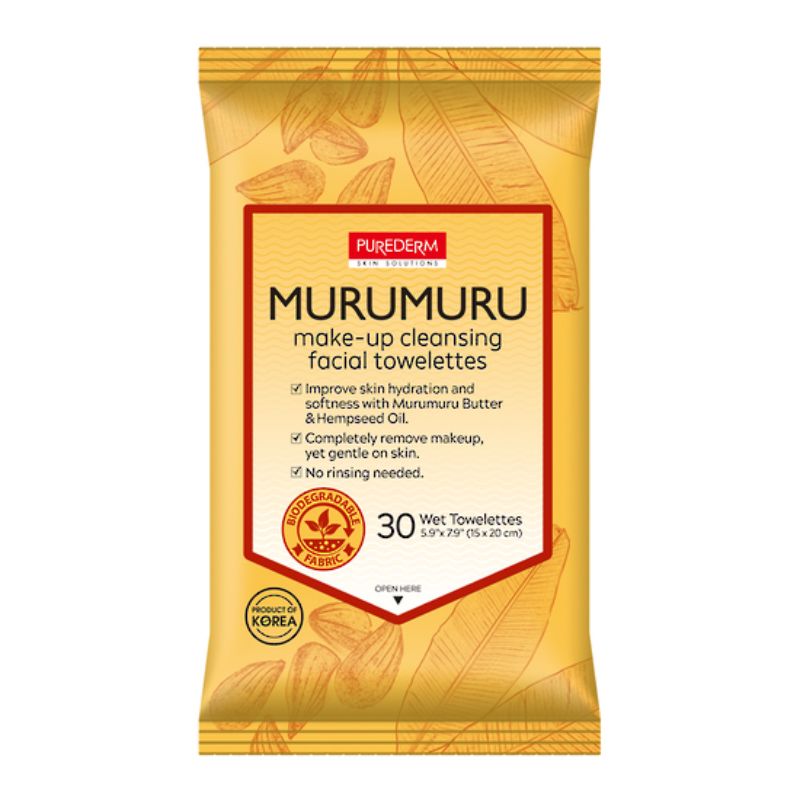 Purederm Murumuru Cleansing Towelettes: biodegradable sheets that gently remove makeup, dirt, and oil for all skin types.