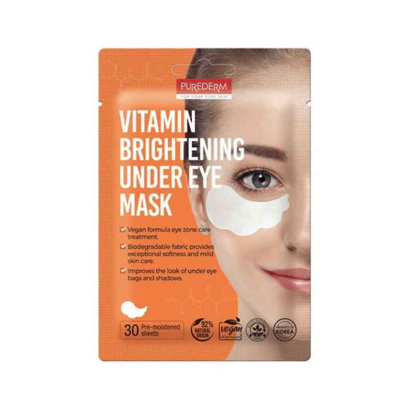 Purederm Vitamin Brightening Under Eye Mask: Hydrating patches designed to reduce dark circles and puffiness, featuring eco-friendly materials.