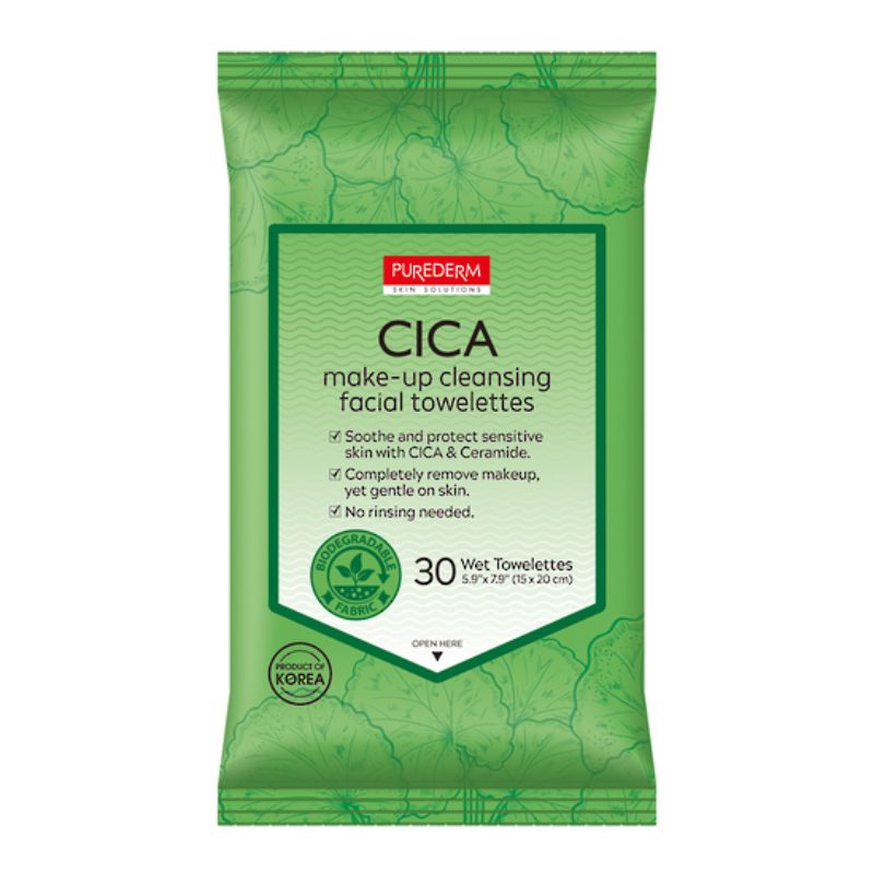Vegan Cica makeup cleansing towelettes for sensitive skin, effectively removing makeup without irritation.