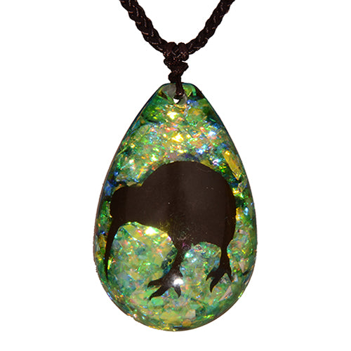 Handcrafted Resin Kiwi Pendant featuring a lifelike design on a black adjustable cord, perfect for any occasion.