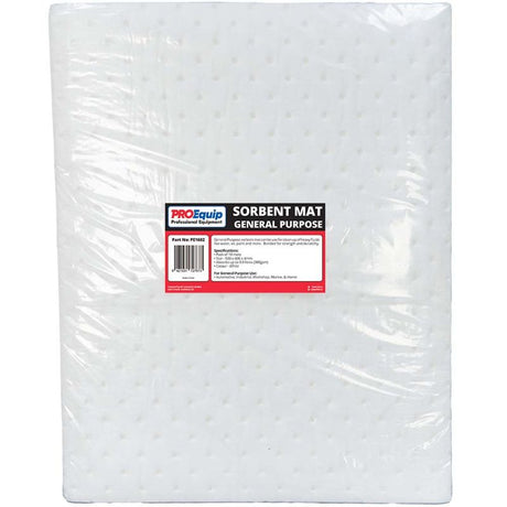 ProEquip absorbent mat pack of 10, designed for efficient oil spill clean-up, measuring 500x400x4mm, absorbs 0.9 litres.