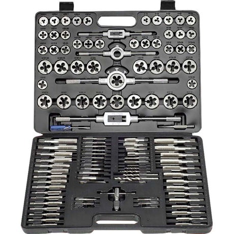 ProEquip 115pc Tap & Die Set featuring Tungsten Alloy Steel tools for cutting threads on metal, supplied in a portable case.