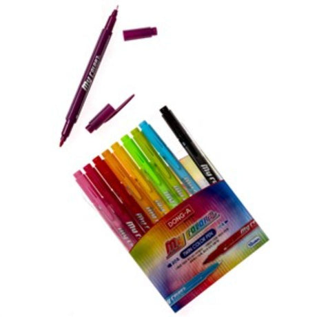 Vibrant DONG-A My Colour double-ended markers set with 12 rich colors, fine and broad tips for versatile art projects.