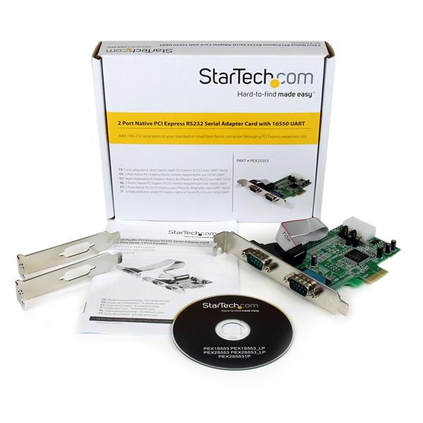 2 Port PCI Express RS232 serial adapter card with 16550 UART, compatible with various OS, includes half-height bracket.