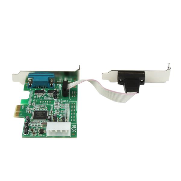 Low profile PCI Express serial card with 2 RS232 ports, reducing CPU load by 48%, compatible with various Windows and Linux systems.