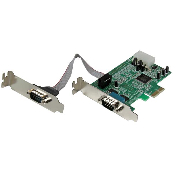 Low profile PCIe card providing 2 RS232 ports, reducing CPU load by 48%, compatible with multiple Windows and Linux OS.