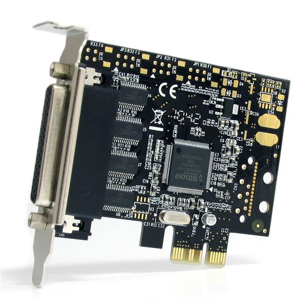 4-port RS232 PCIe serial card with breakout cable, compatible with various operating systems and both full/low-profile PCs.