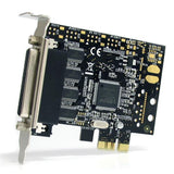 4-port RS232 PCIe serial card with breakout cable, compatible with various operating systems and both full/low-profile PCs.