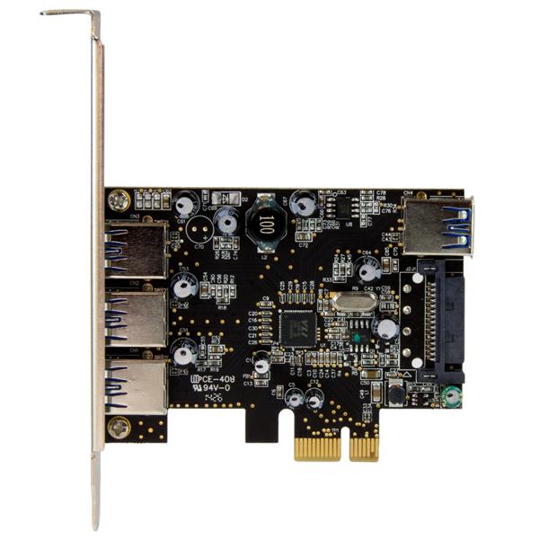 Smartfox 4-Port PCI Express USB 3.0 Card with three external and one internal port, supporting fast data transfer up to 5 Gbps.