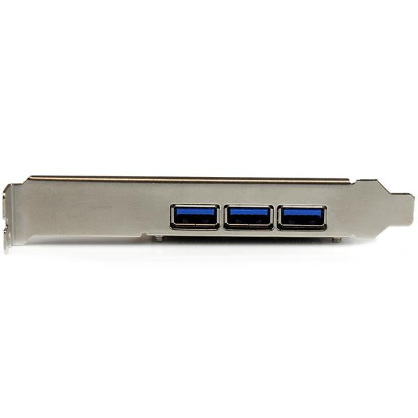 Four-port PCI Express USB 3.0 card with three external and one internal port, offering high-speed connections for devices.