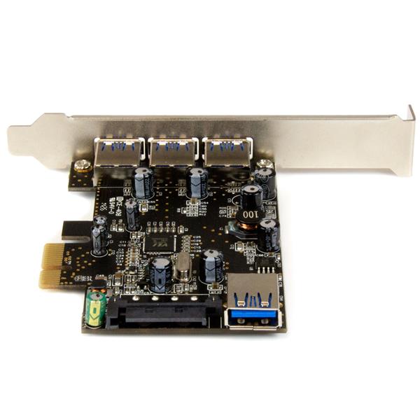 4-Port PCI Express USB 3.0 Card with 3 external and 1 internal port, offering 5 Gbps transfer speed and easy installation.