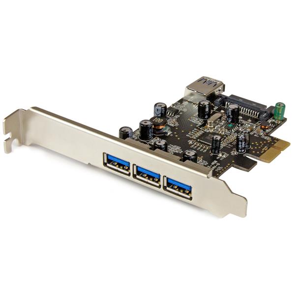 4-Port PCI Express USB 3.0 Card with three external and one internal port for faster file transfers and versatile connectivity.