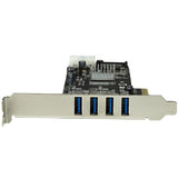 4-Port PCI Express USB 3.0 card with dual 5Gbps channels, UASP support, and optional power connector for enhanced connectivity.