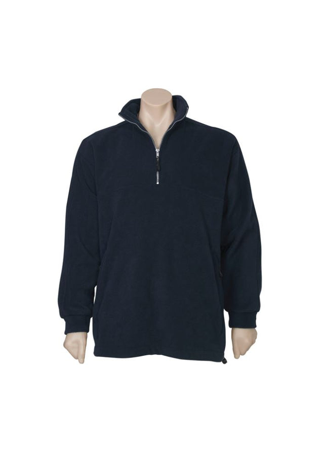 Men's navy winter fleece 1/2 zip in size 3XL, featuring low pill fleece, concealed pockets, and adjustable hem for warmth and comfort.
