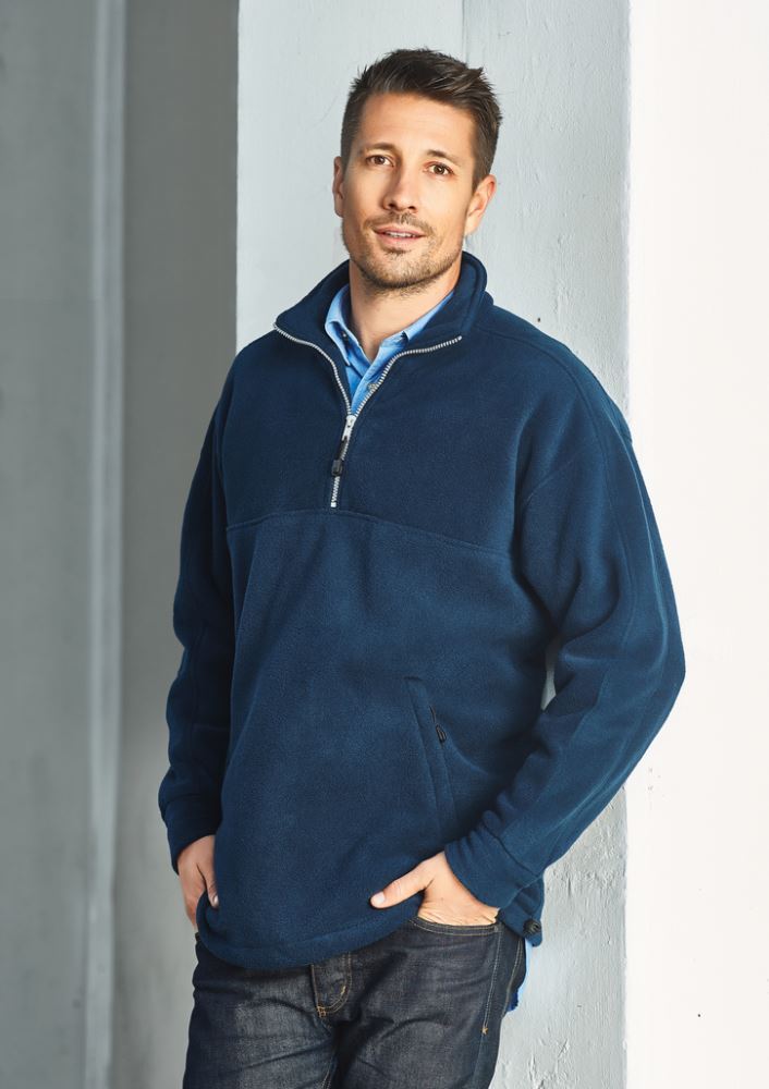 Men's 2XL Navy winter fleece with 1/2 zip, durable pockets, and adjustable hem for warmth and style.