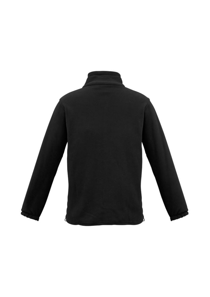 Men's 2XL black micro fleece jacket featuring full zipper and two zippered pockets, perfect for warmth and style.