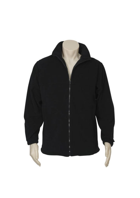 Mens 2XL black micro fleece jacket from Biz Collection, featuring a full front zipper and two zippered side pockets.