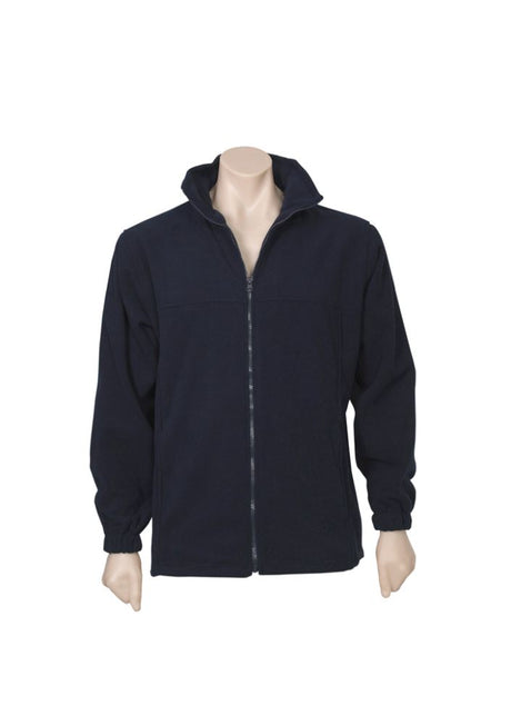 Men's navy micro fleece jacket, size L, featuring full zipper and zippered pockets, perfect for warmth and casual style.