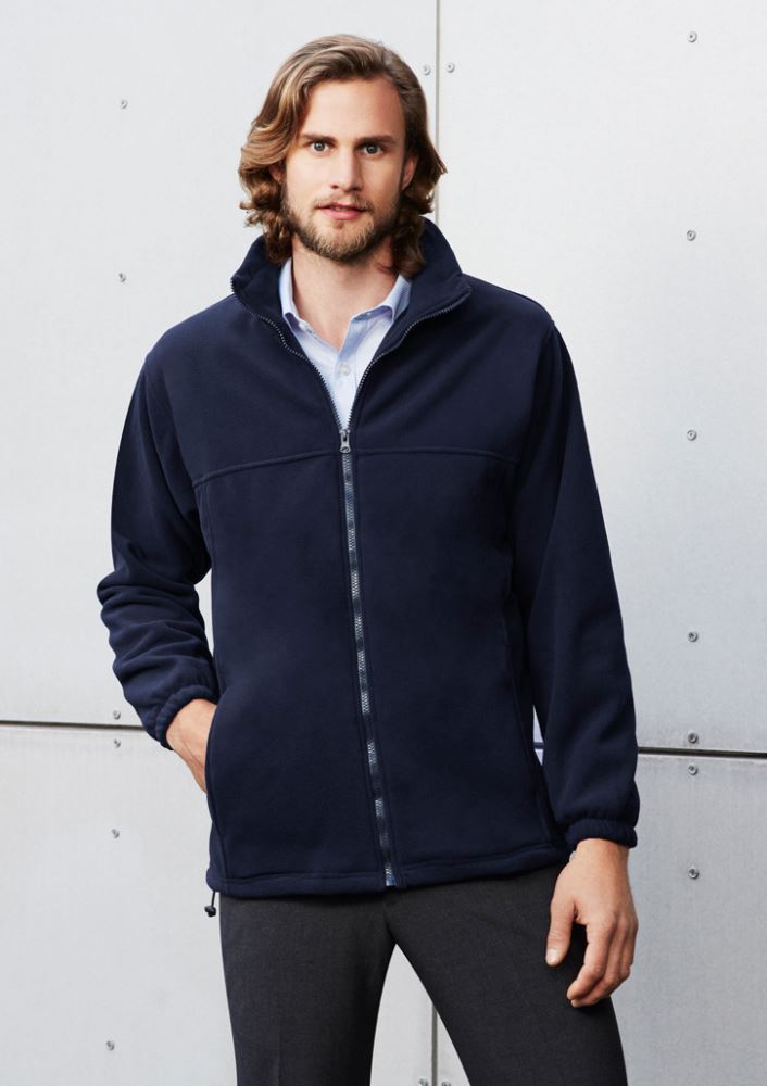 Men's navy micro fleece jacket in size 3XL, featuring a full-length zipper and two zippered pockets for warmth and convenience.
