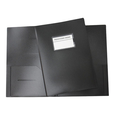 Black A4 presentation folder with business card slot, durable PVC, and dual inside pockets for organized document storage.