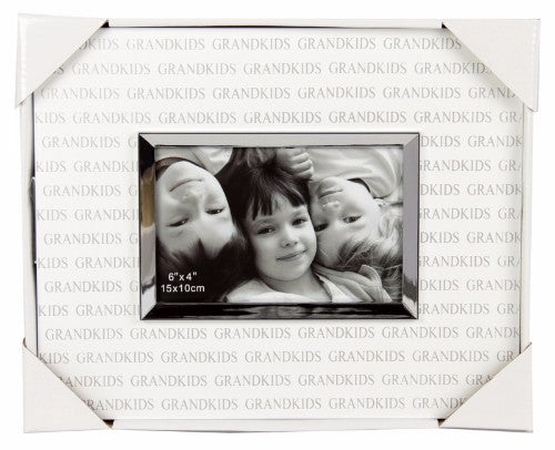 Elegant white and silver photo frame for showcasing cherished grandkid memories, 6x4 inches, perfect for any home decor.