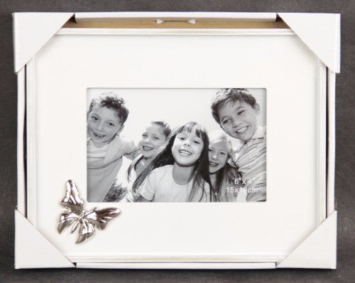 Charming 4x6 white photo frame with butterfly design, perfect for showcasing cherished memories in any decor.