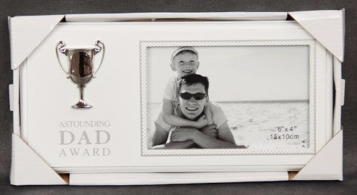 Elegant photo frame with silver trophy, perfect for celebrating dad's achievements and cherished memories.