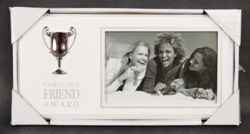 Elegant photo frame with silver trophy accent, holds 6x4 photo, perfect for celebrating friendship and cherished memories.