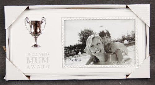 Photo frame featuring a silver trophy design, perfect for showcasing memories with mum in an elegant way.