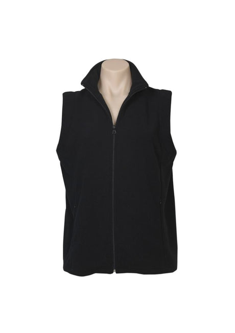 Black micro fleece vest for women, size 16, featuring a full zipper, concealed pockets, and a flattering tailored fit.