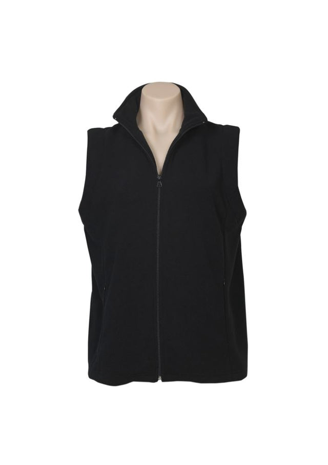 Black micro fleece vest for women, size 16, featuring a full zipper, concealed pockets, and a flattering tailored fit.
