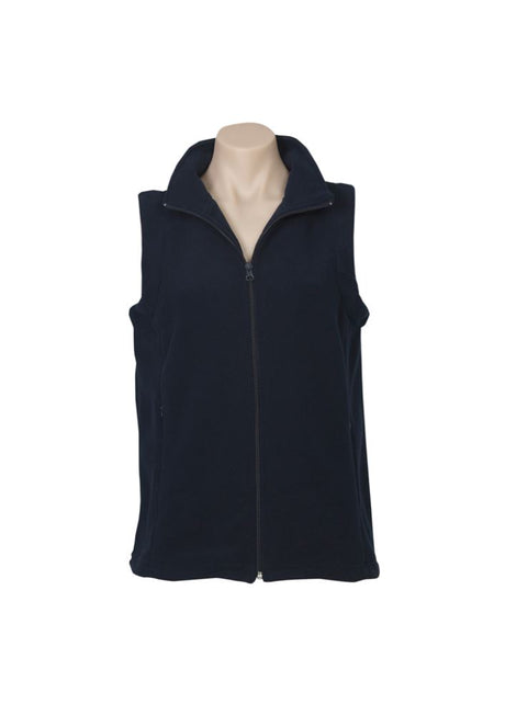 Navy micro fleece vest for women, size 24, featuring full zipper, side panels, and hidden pockets for warmth and style.