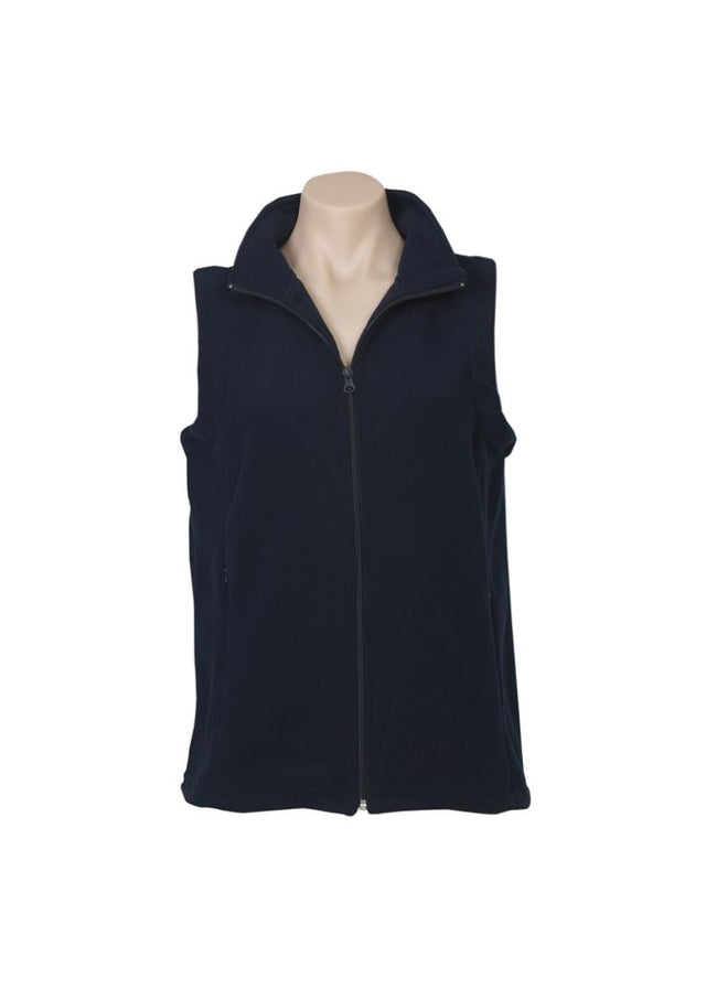 Navy micro fleece vest for women, size 24, featuring full zipper, side panels, and hidden pockets for warmth and style.