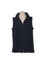 Navy micro fleece vest for women, size 16, featuring full front zipper, concealed pockets, and a flattering shaped design.