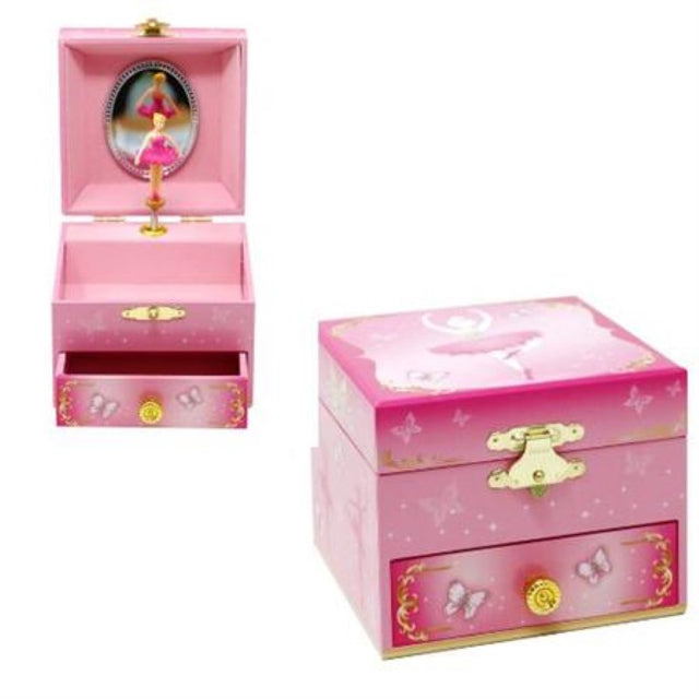 Charming pink musical jewellery box set for little ballerinas, featuring twirling figurines and 'Swan Lake' melody.