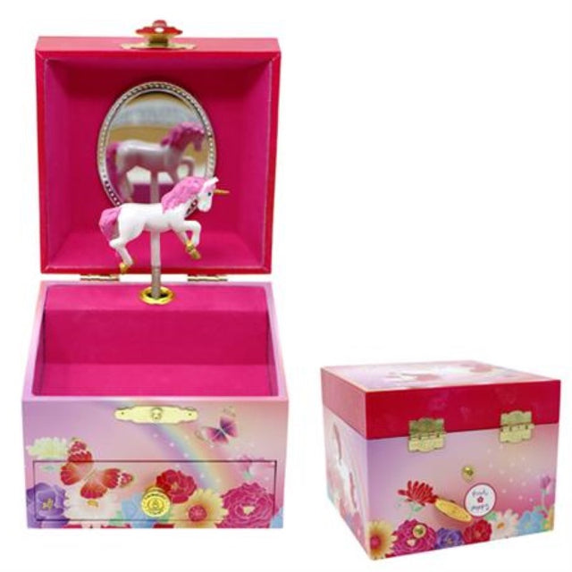 Whimsical musical jewellery boxes featuring unicorns and butterflies, with mirror and extra storage, perfect for young dreamers.