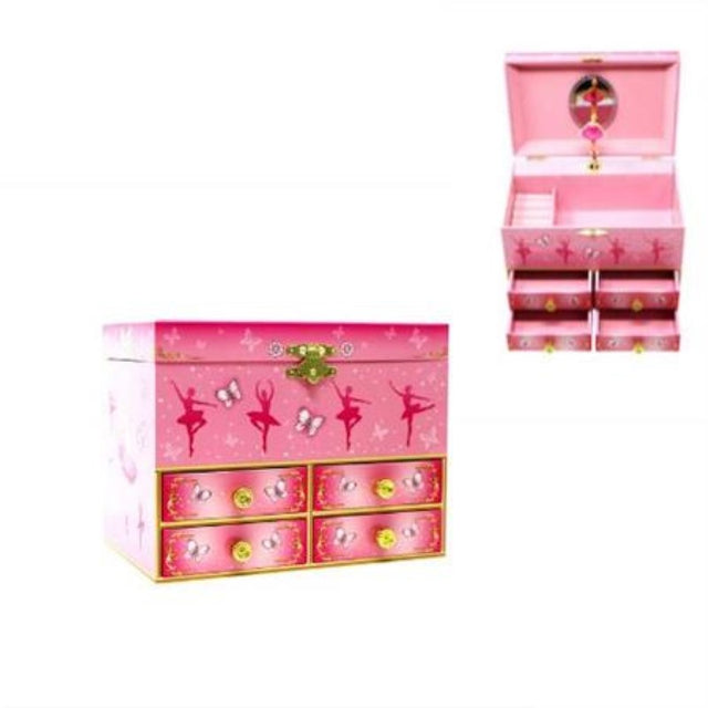 Enchanting pink musical jewellery box featuring a twirling ballerina, 'Swan Lake' melody, and a mirror; perfect for young dreamers.