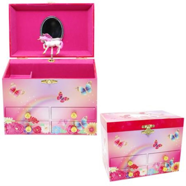 A whimsical medium musical jewellery box featuring unicorns, rainbows, and butterflies, plays 'Dance of The Sugar Plum Fairy'.