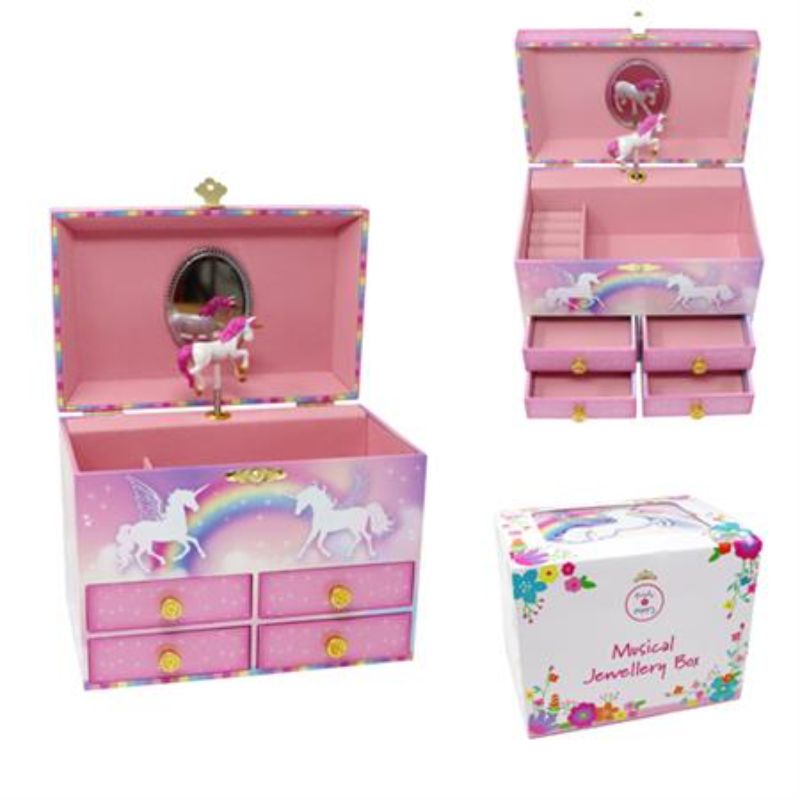 Musical Jewellery Box featuring twirling unicorn, pastel rainbow design, mirror, and plays 'Dance of The Sugar Plum Fairy'.