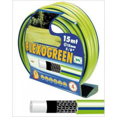 Flexible 12mm x 15m green garden hose for efficient watering, kink-resistant and durable for outdoor use.