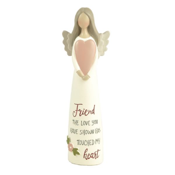 Hand-painted 12.5cm angel figurine holding a red heart, inscribed with "Friend, Love You Have Shown," perfect for celebrating friendship.