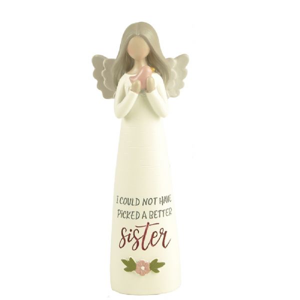 Sister Angel Figurine, 12.5cm, hand-painted resin with "I Could Not Have Picked a Better Sister" inscription and bird detail.