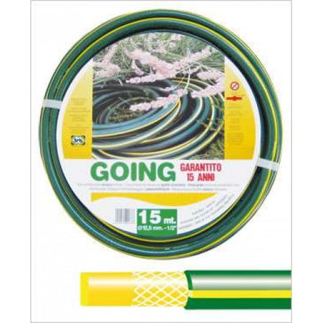 Flexible 12mm plastic hose, 15m long, ideal for watering gardens and outdoor cleaning with leak-resistant performance.