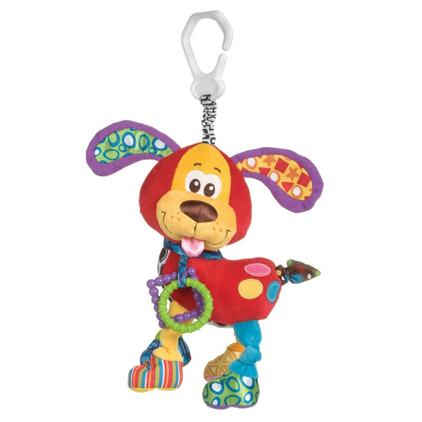 Plush My First Activity Puppy toy with vibrant colors, crinkly ears, and teething rings for sensory play and motor skill development.