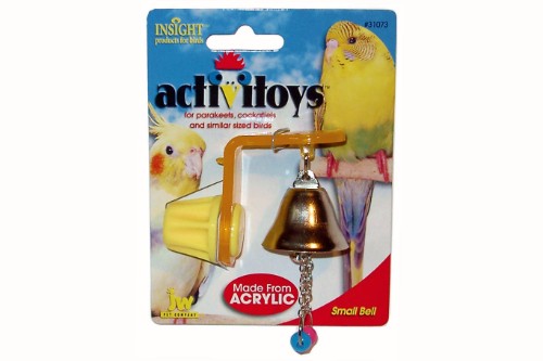 Colorful JW ActiviToy Small Bell with shiny acrylic bell and dangling chains for small birds' interactive playtime.