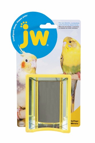 Bird-sized funhouse mirror toy for parakeets and cockatiels, providing endless reflections and stimulating playtime.